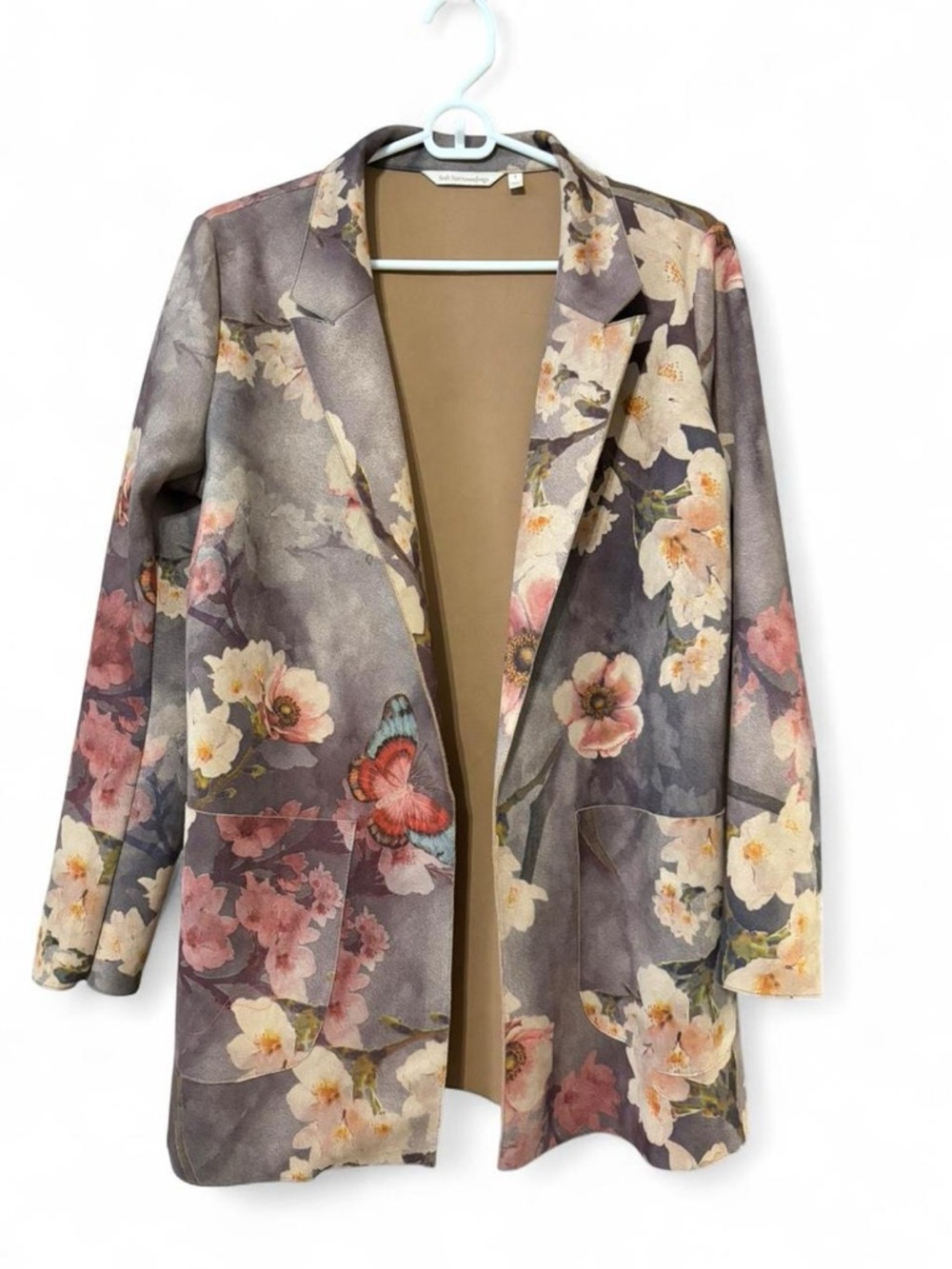 Soft Surroundings Floral Long Blazer in Gray with Pink and Cream Blossoms